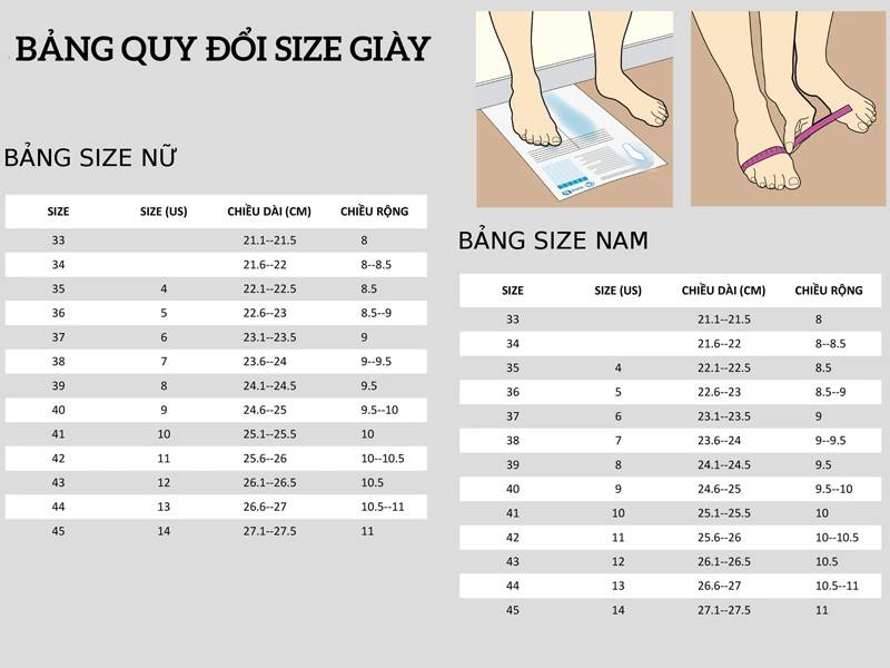 Bảng quy đổi size giày
